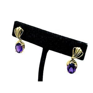 14k Yellow Gold Oval Purple Gemstone Women's Dangle Earrings Estate Jewelry